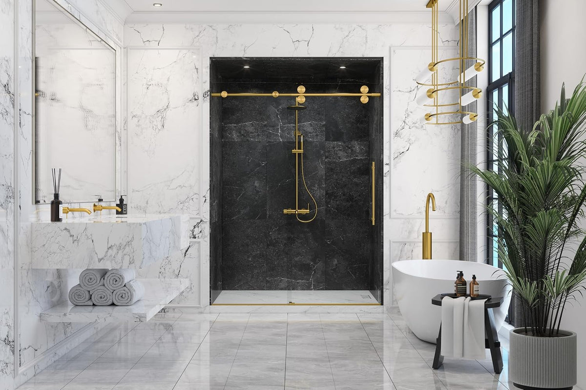 Montage 57.25-59' W x 78' H Euroglide Frameless Shower Door with 3/8' Clear Tempered Glass (Satin Gold/Satin Brass)