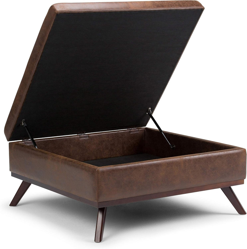SIMPLIHOME Owen Square Coffee Table Storage Ottoman - 36 inch Wide Upholstered Vegan Leather Lift-Top Ottoman in Distressed Chestnut Brown, Mid-Century Ottoman for Living Room with Tufted Detail