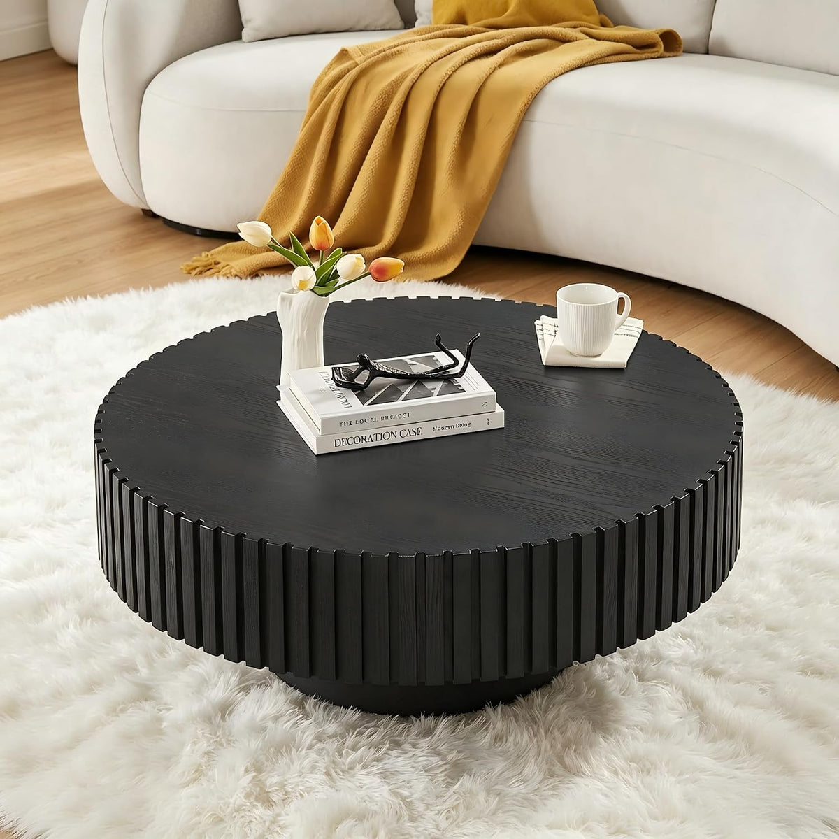 KEVINSPACE Round Coffee Table, 39' Big Wooden Fluted Coffee Table with Fluted Base, Circle Accent Center Table for Living Room Apartment Office Small Space, Easy Assembly, Black