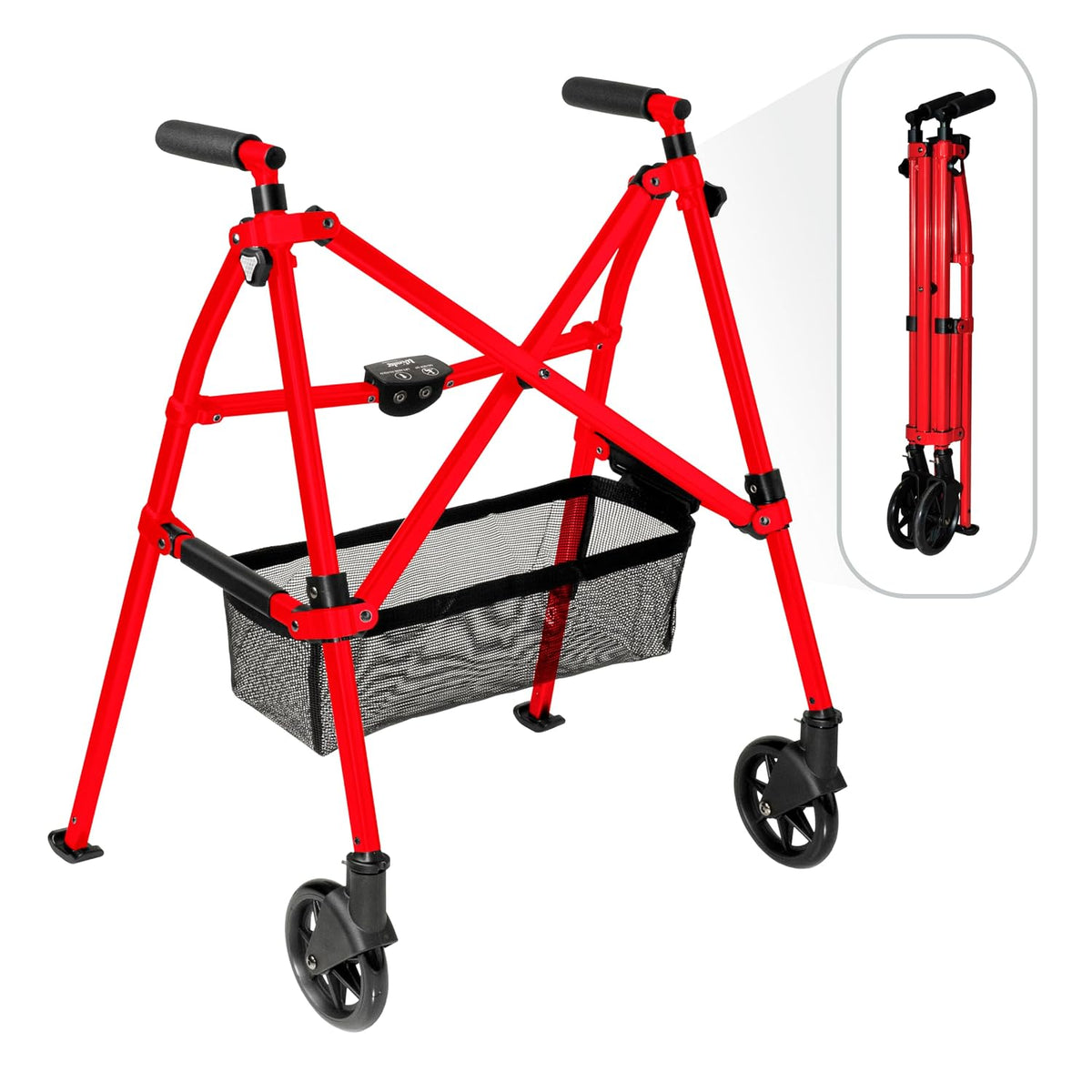 Stander Wonder Walker Plus Short, Lightweight Junior Folding Mobility Aid for Petite Adults, Seniors, and Elderly, Collapsible Travel EZ Fold-N-Go with Wheels, Glides & Basket, Sport Red
