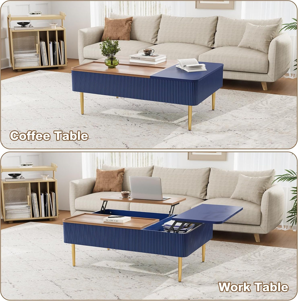 HLR 47' Dual Lift Top Coffee Table with Storage, Modern Wood Fluted Coffee Table with Hidden Compartment,Lift Tabletop Dining Center Table for Living Room, Office, Blue