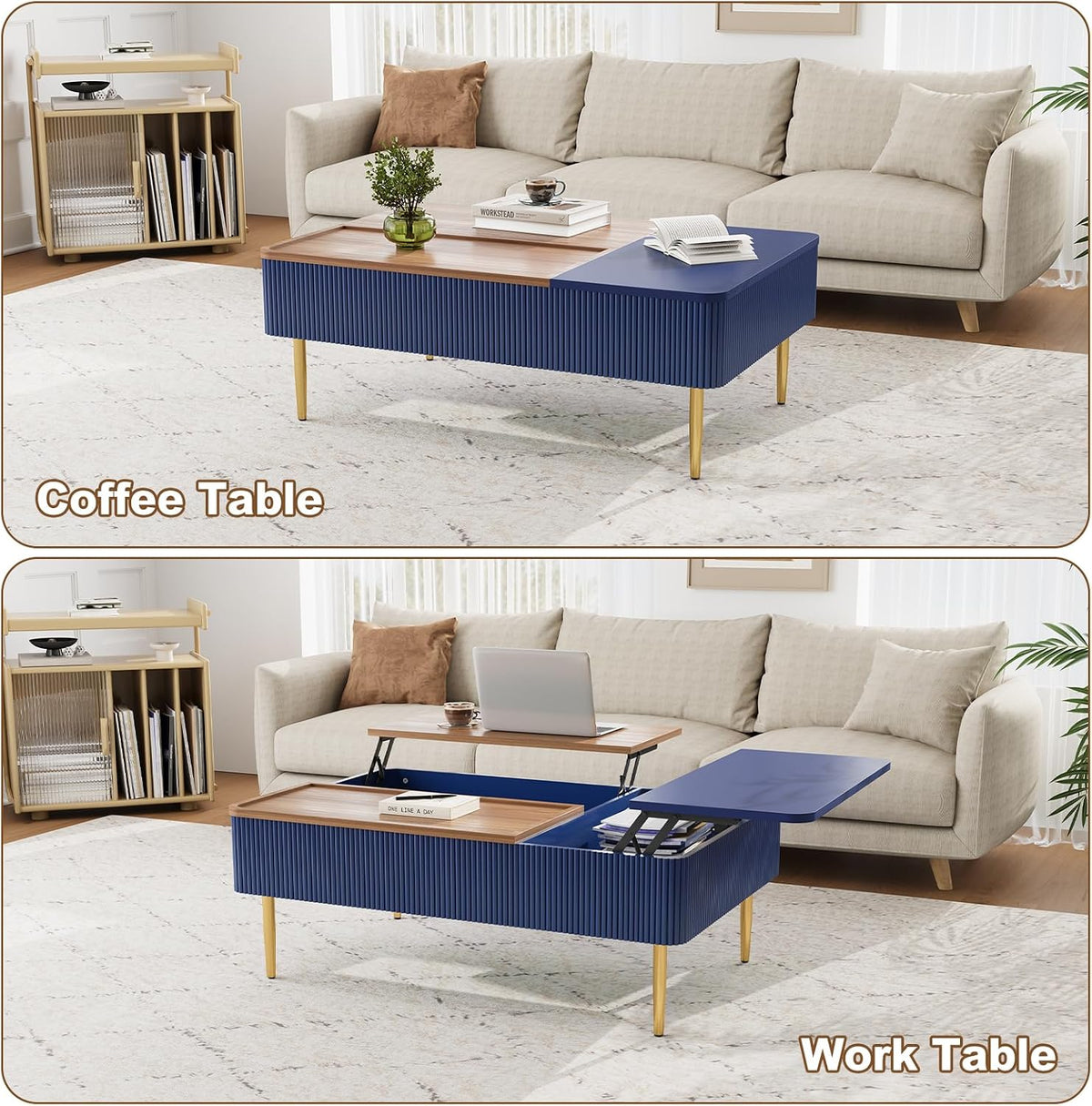 HLR 47' Dual Lift Top Coffee Table with Storage, Modern Wood Fluted Coffee Table with Hidden Compartment,Lift Tabletop Dining Center Table for Living Room, Office, Blue