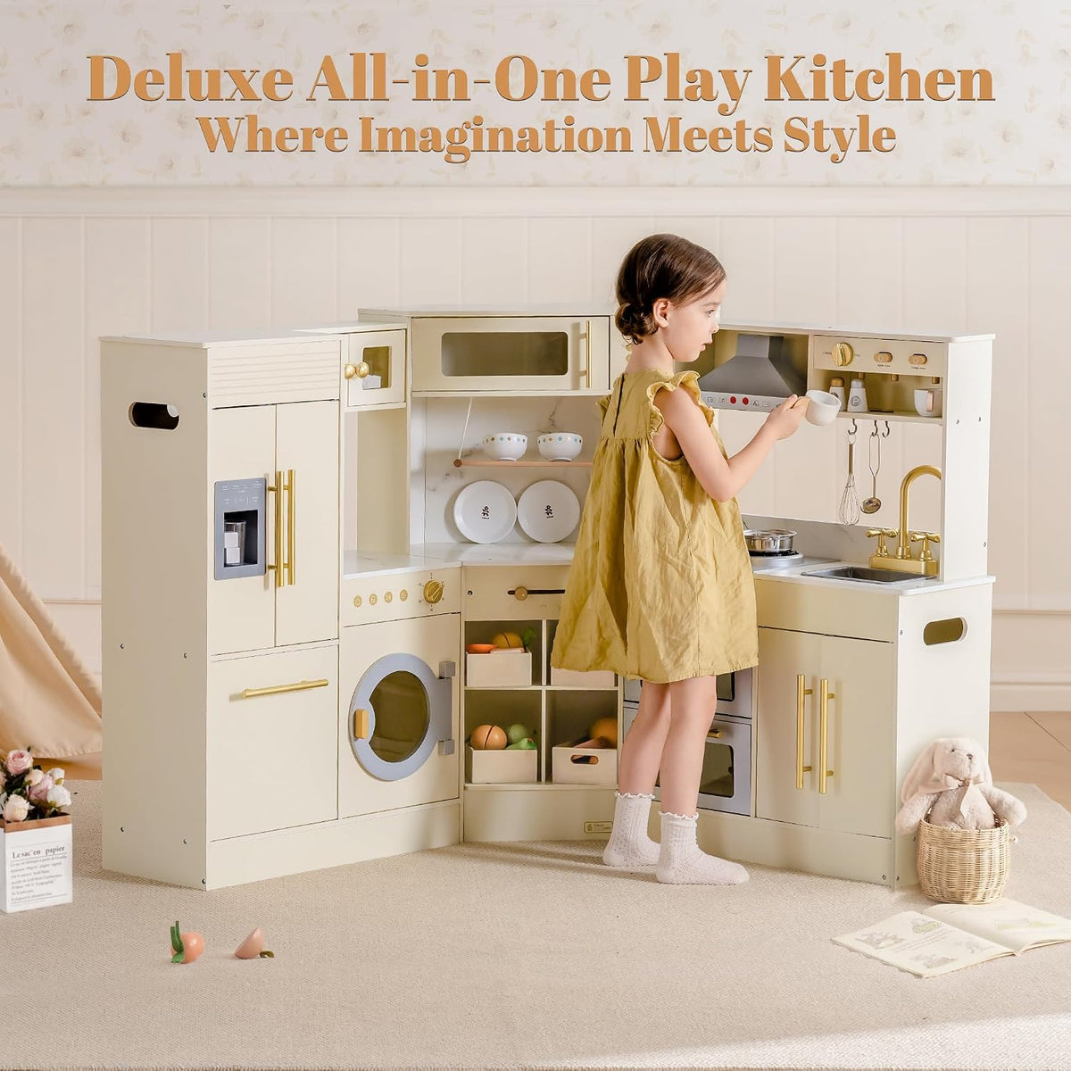 ROBOTIME Kids Kitchen Playset, Corner Wooden Play Kitchen with Fridge, Oven, Sink, Microwave & Washer, Realistic Lights & Sounds, Toddler Wooden Kitchen Toy Gift for Boys & Girls Ages 3+