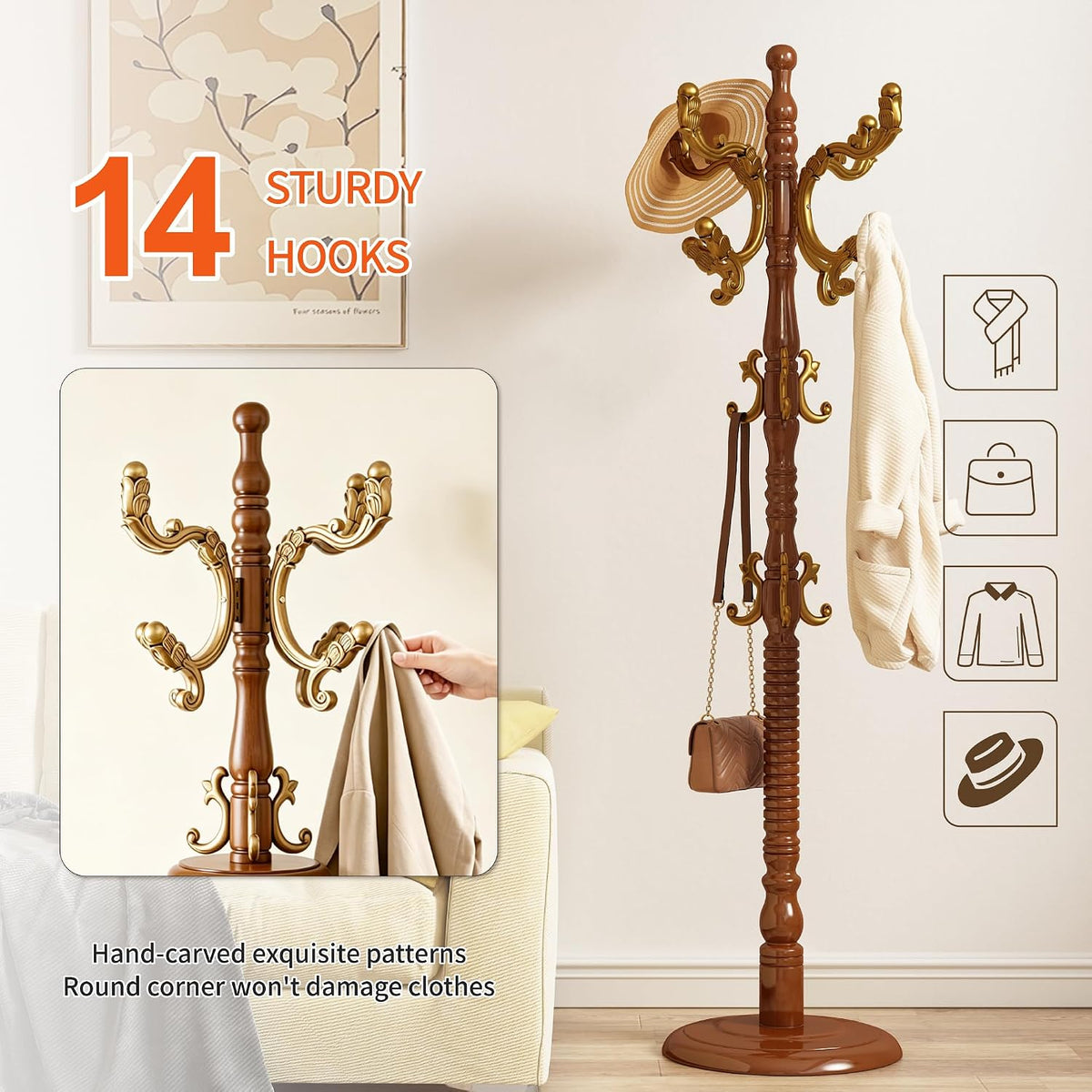 Wood Coat Rack Stand Wooden Coat Rack Freestanding Hall Coat Tree with Sturdy Round Base and 14 Hooks for Hats Bags Purses Vintage Coat Tree Hanger Stand for Entryway Hallway Bedroom, Begonia
