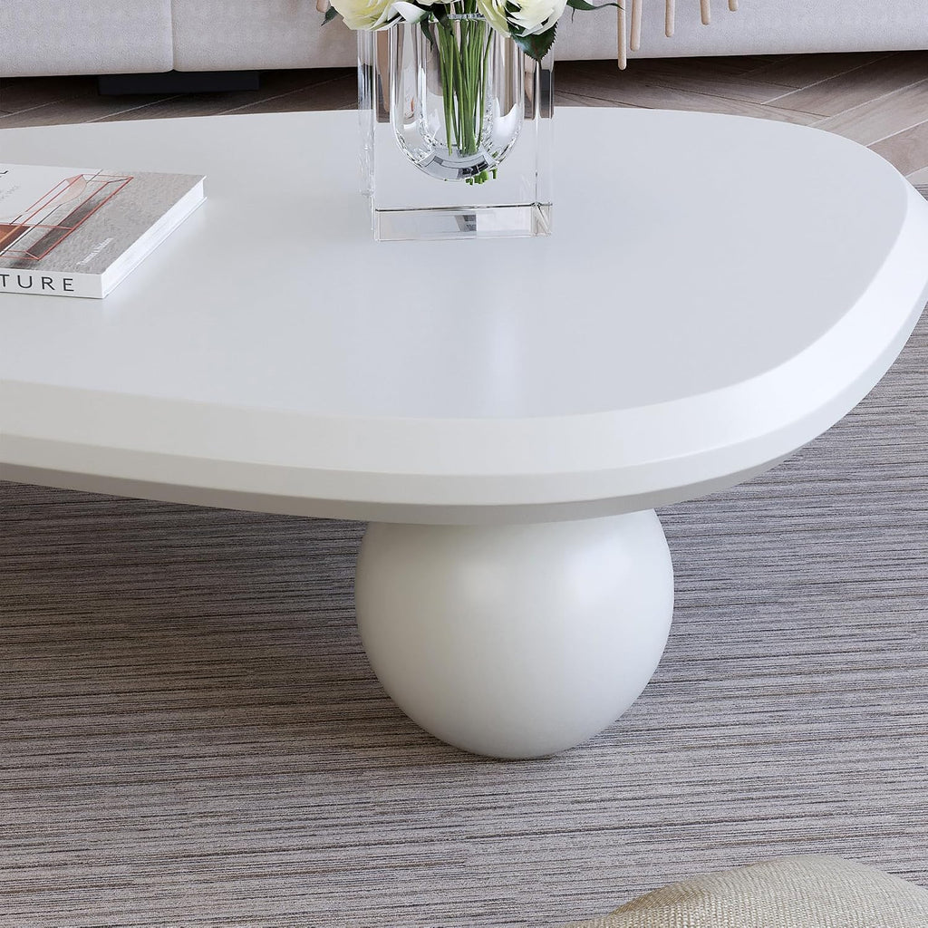 38.58'' Modern Coffee Table with Ball Base, Contemporary Oval Round Cloud Shaped Wood Coffee Table for Living Room, Easy Assembly, Cream White