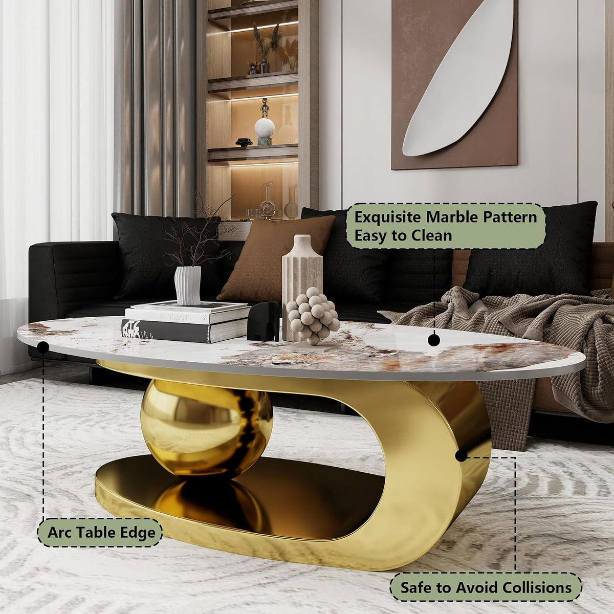 Modern Coffee Table Marble Top,Oval Coffee Table for Living Room,White Center Table with Stainless Steel Base Gold Base for Home,Office