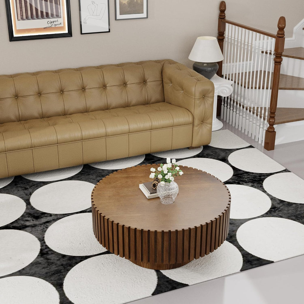 Round Drum Coffee Table 31.5'' Handcraft Fluted Coffee Table Modern Unique Circle Accent Center Table for Living Room with Sturdy Pedestal Gear Easy Assembly for Small Space,31' Round Brown