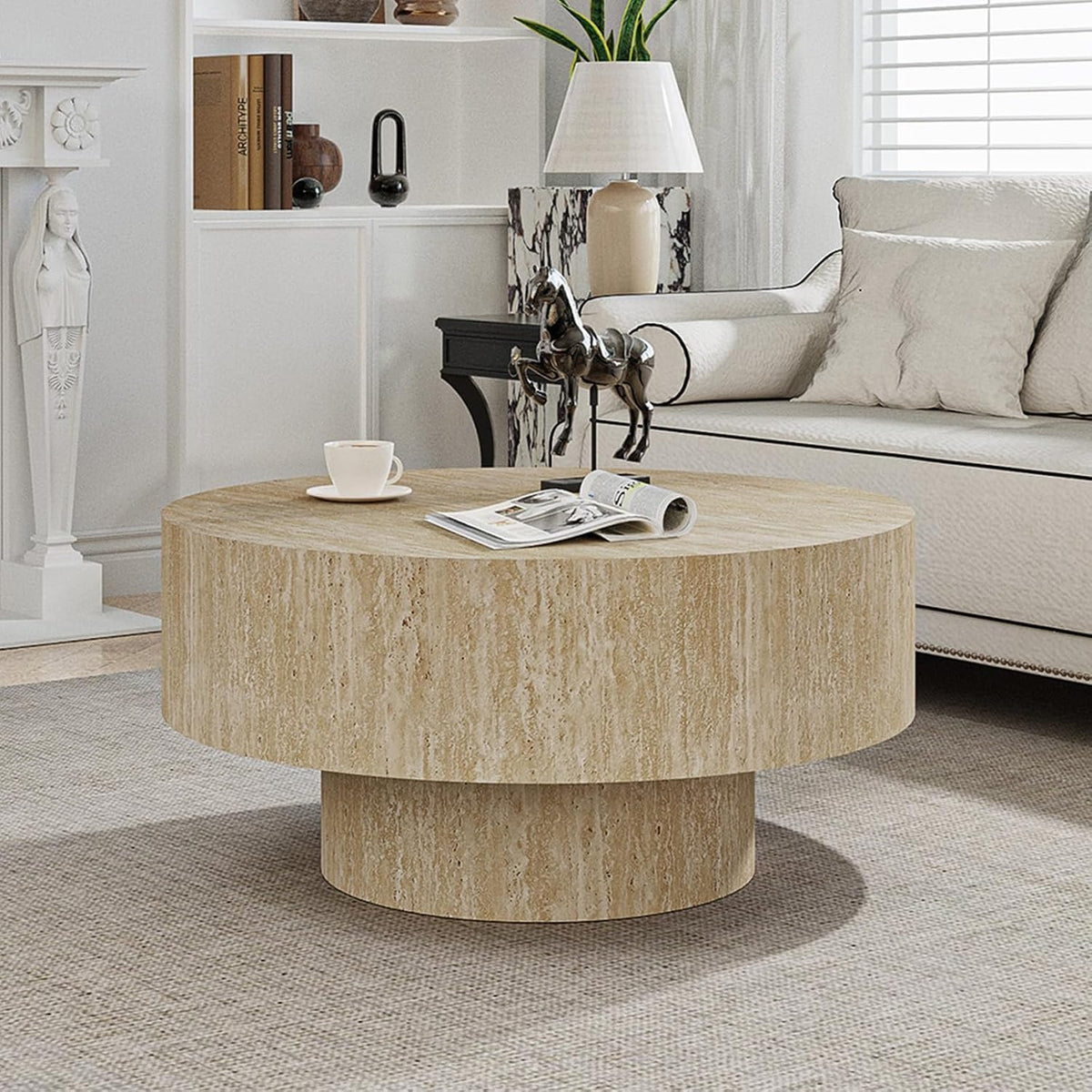 JHKZUDG Modern Wood Coffee Table Handcrafted Fluted Drum Coffee Tables Wooden Oval Center Table with Sturdy Pedestal for Living Room Apartment (Travertine Round)
