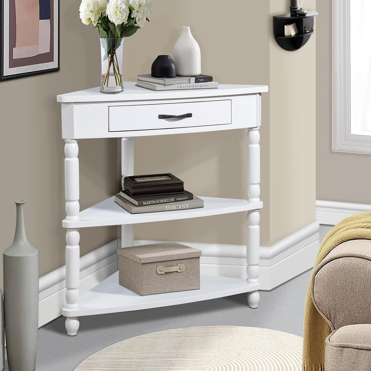 33.8'' Small Triangle Corner Table, Wood Corner Side Table for Small Spaces/Living Room, 3 Tier End Corner Table with Solid Wood Legs (Milk White, 33.8'')