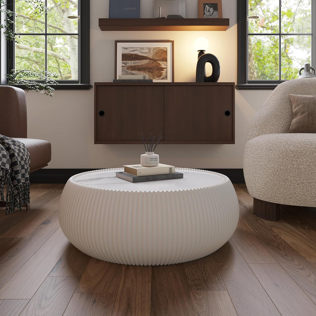 27.55' Round Coffee Table with Marble Top, Luxury Sintered Stone Coffee Table PU Leather Drum Center Tables Circle Cocktail Tea Table for Living Room Apartment No Assembly Cream White