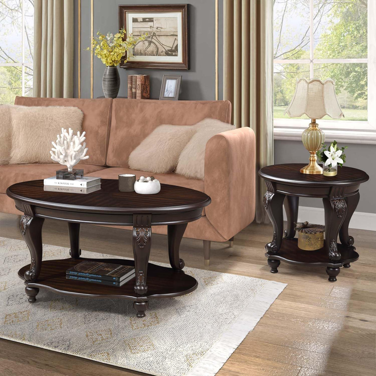 Solid Wood Coffee Table Set for Living Room, Coffee Table & 2 End Side Table 3-Piece Set with Open Storage for Office Apartment Espresso