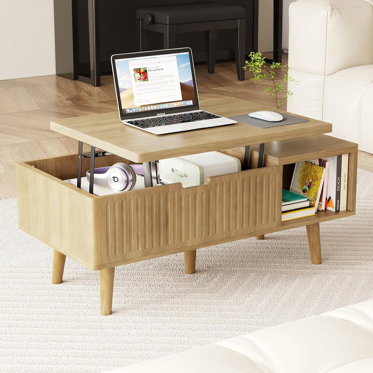 Lift Top Oval Coffee Table with Storage, 2-in-1 Height Adjustable Modern Coffee Table for Small Living Room & Apartment (Oak)