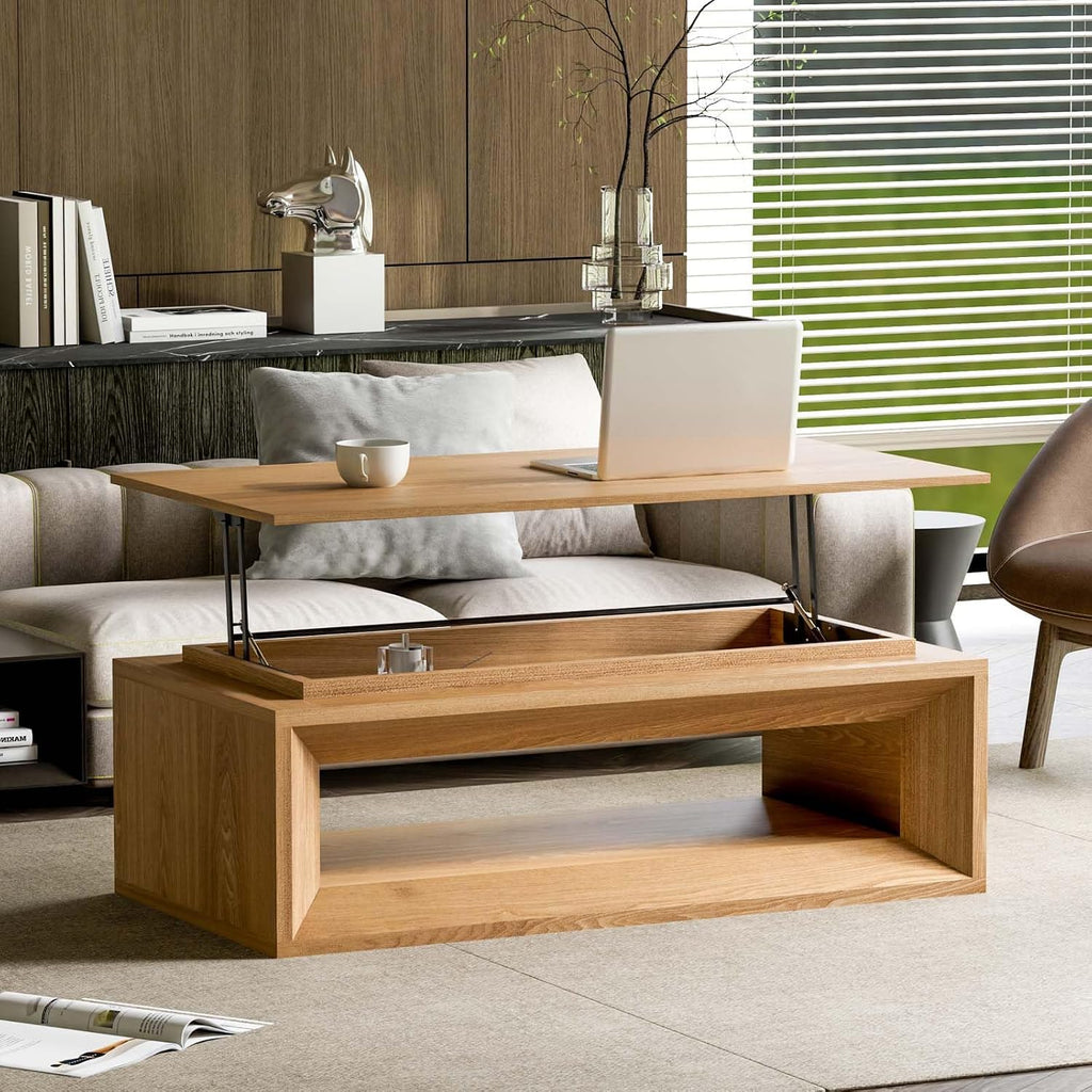 43.3'' Rectangle Lift Top Coffee Table with Storage & Adjustable Height, Mid Century Modern Center Table Accent Tea Table or Living Room Apartment Office, Natural