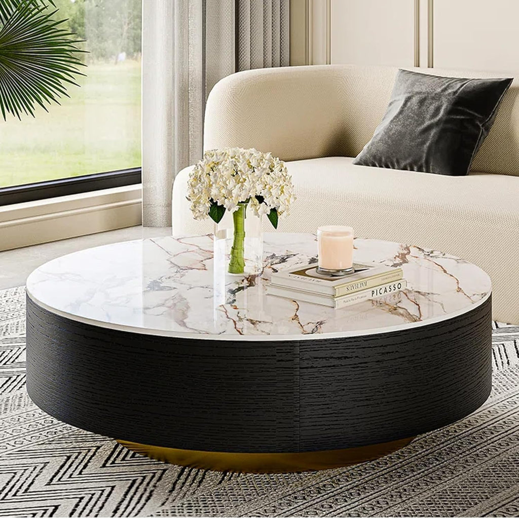 POVISON Modern Drum Coffee Table with Storage, Sintered Stone Top Round Coffee Table with Drawers, Oak Veneer, Fully Assembled, 39.37'