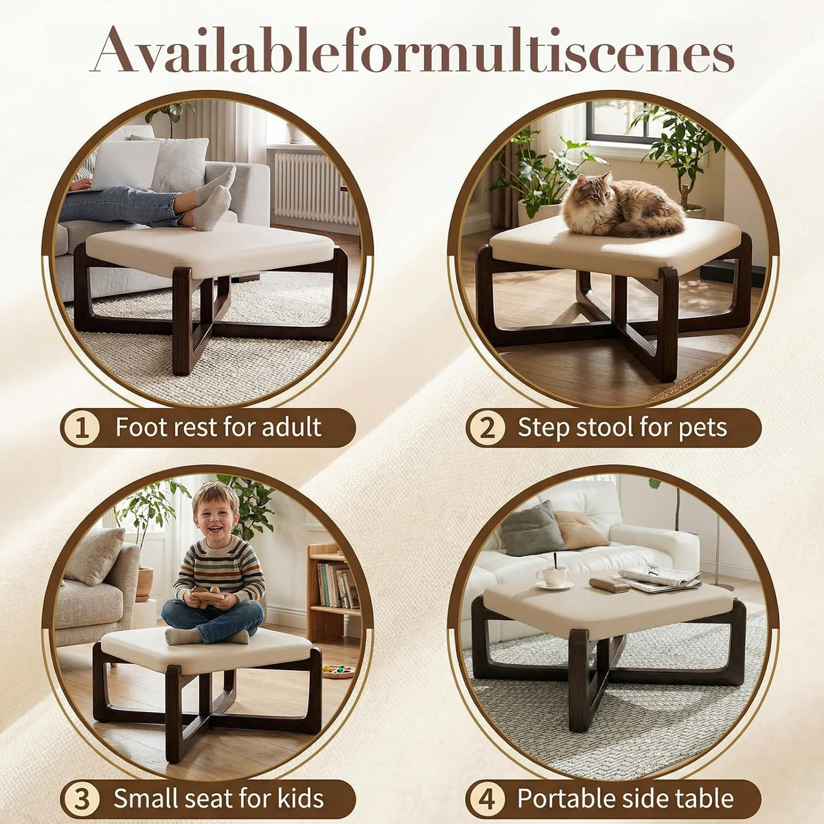 Faux Leather Square Coffee Table Ottoman,24' Coffee Table for Living Room Ottoman,Ash Wood Living Room Table,Small Footstool (Beige)