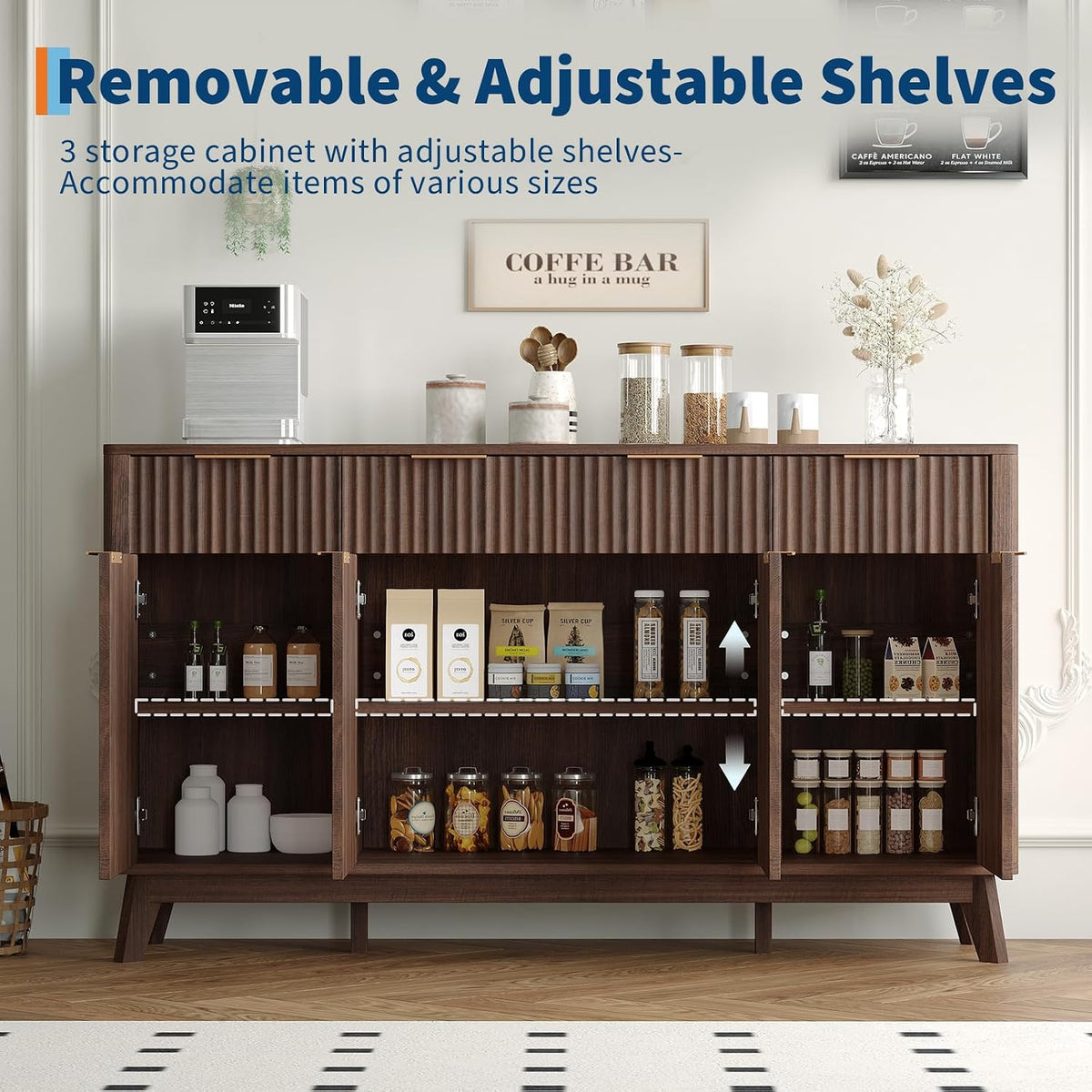 IDEALHOUSE 60' Large Farmhouse Sideboard Buffet Cabinet with Storage Drawers & Adjustable Shelves, Wood Fluted Buffet Storage Cabinet & Coffee Bar Console Table for Living Room & Kitchen Dining Room