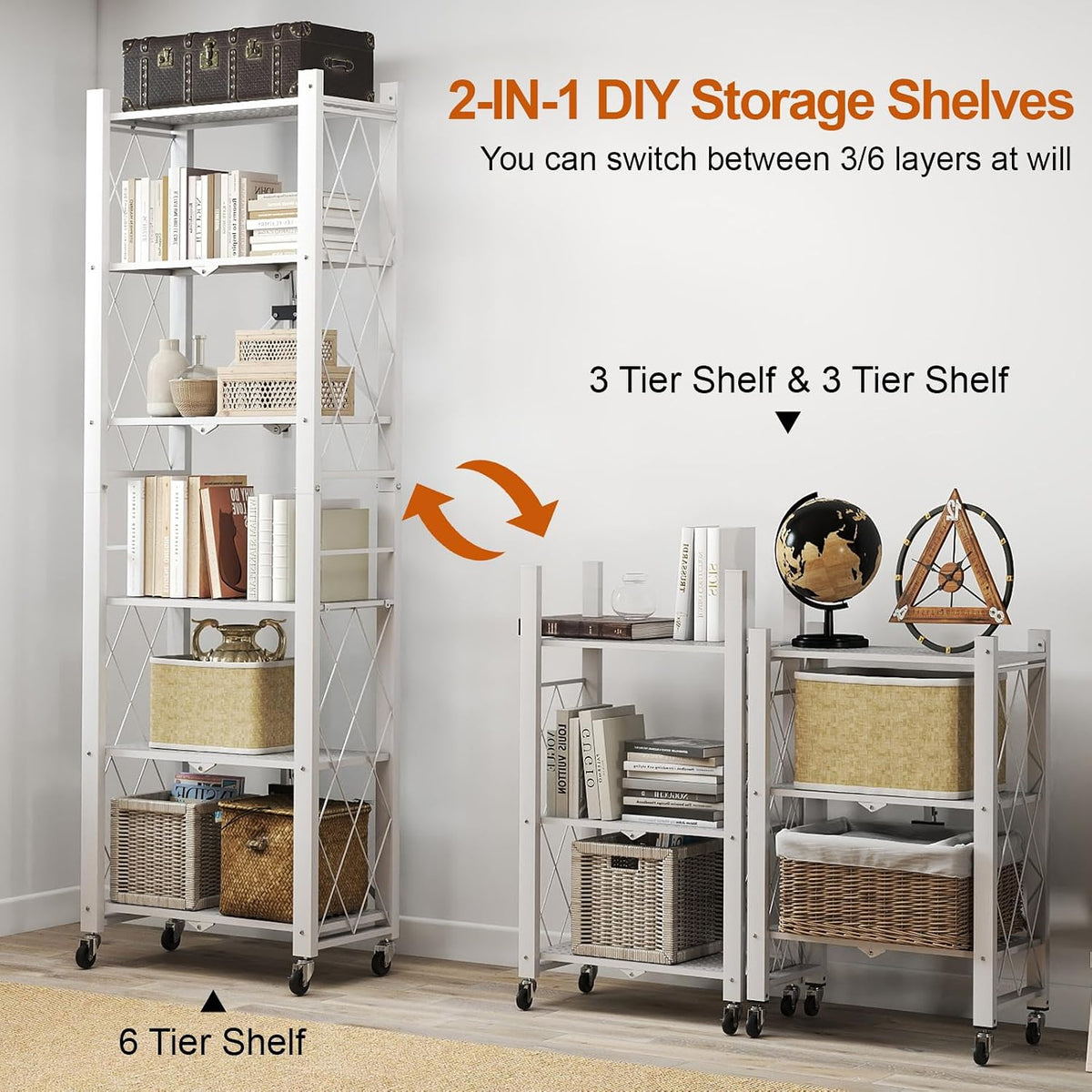6-Tier Foldable Storage Shelves with Wheels, Folding Metal Shelf Unit, Folding Bookshelf no Assembly, Collapsible Shelves for Craft Shows for Kitchen, Bedroom, Living Room, White