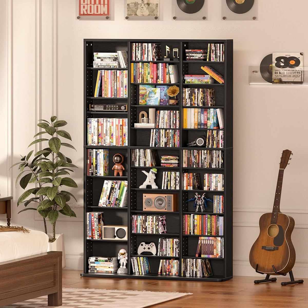 LELELINKY 11 Tier Tall Display Cabinet, Black Media Storage Cabinet with Adjustable Shelves, Free Standing DVD Organizer Shelf, Floor Multimedia Storage Manga Bookshelf for Living Room & Home Office.