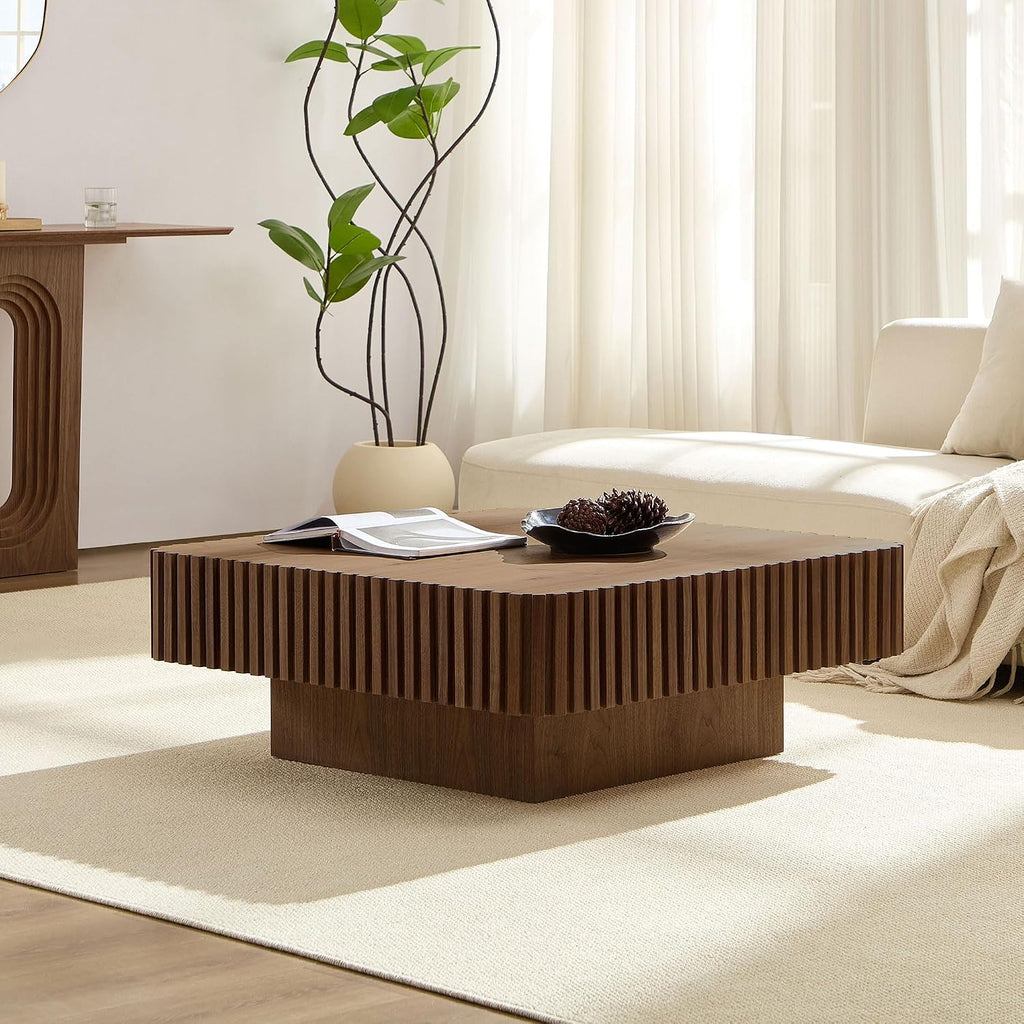 35.43' Modern Handcraft Square Drum Coffee Table for Living Room,Small Wooden Coffee Table with Sturdy MDF Pedesta, Walnut Color