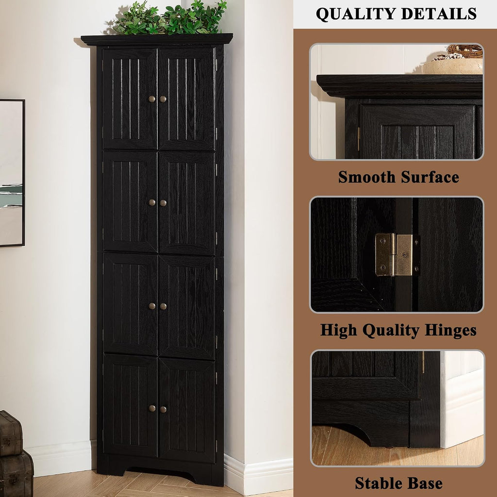72' H Farmhouse Corner Storage Cabinet with 8 Doors & 4 Shelves, 4 Tier Kitchen Corner Pantry Cabinet Wooden Organizer Case Bookshelf, Home Space Saver Cabinet for Kitchen,Living Room(Black)