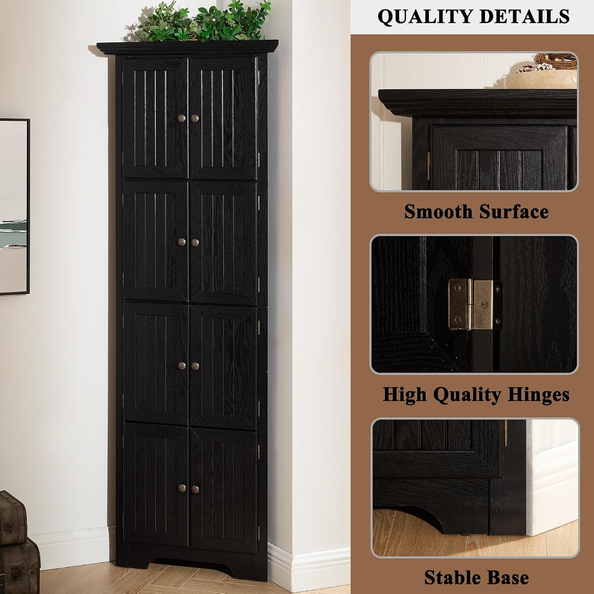72' H Farmhouse Corner Storage Cabinet with 8 Doors & 4 Shelves, 4 Tier Kitchen Corner Pantry Cabinet Wooden Organizer Case Bookshelf, Home Space Saver Cabinet for Kitchen,Living Room(Black)
