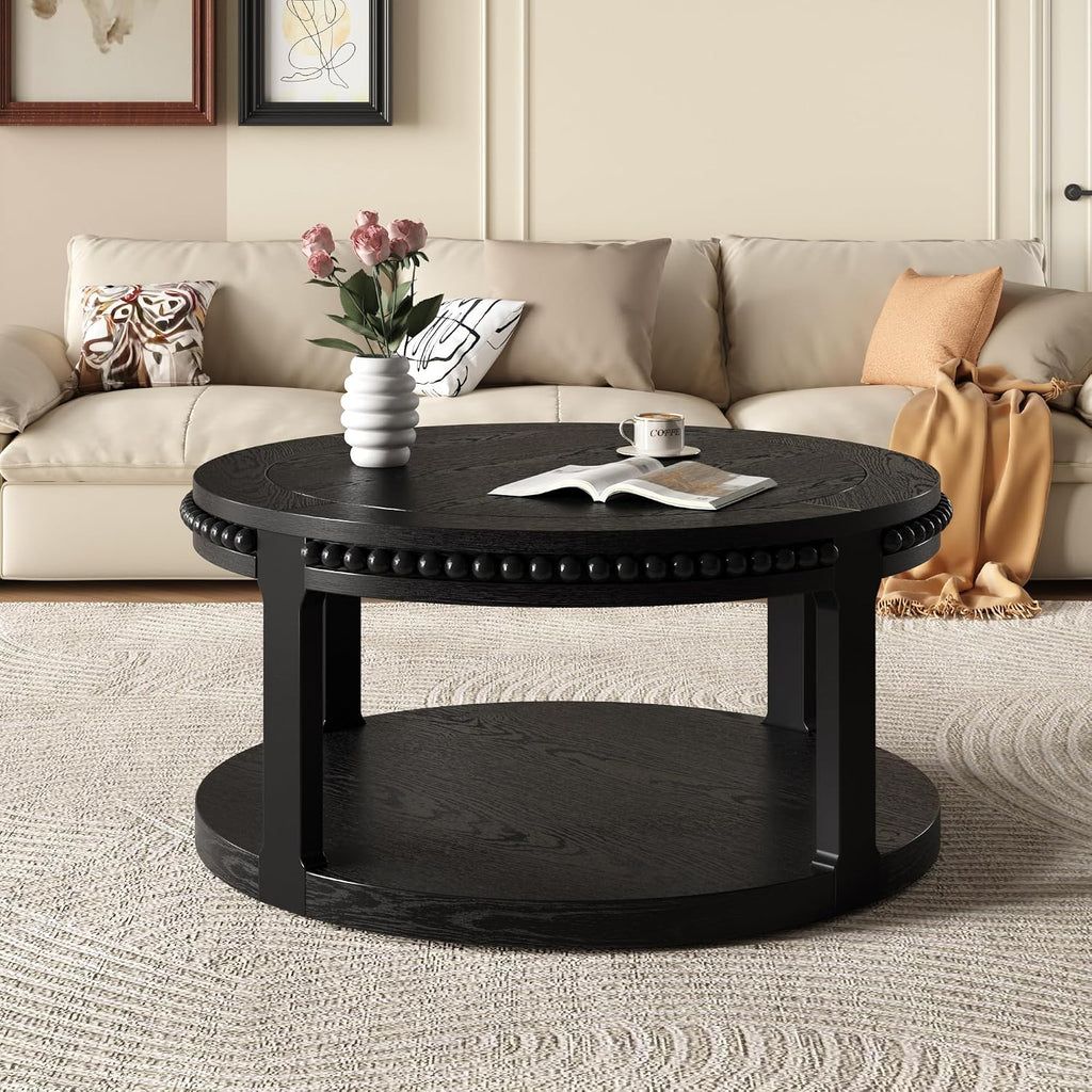 Round Coffee Table for Living Room 31.5' W Small Coffee Tables with Storage Shelf 2-Tier Modern Design Industrial Circle Wood Center Home Furniture Apartment Office Black