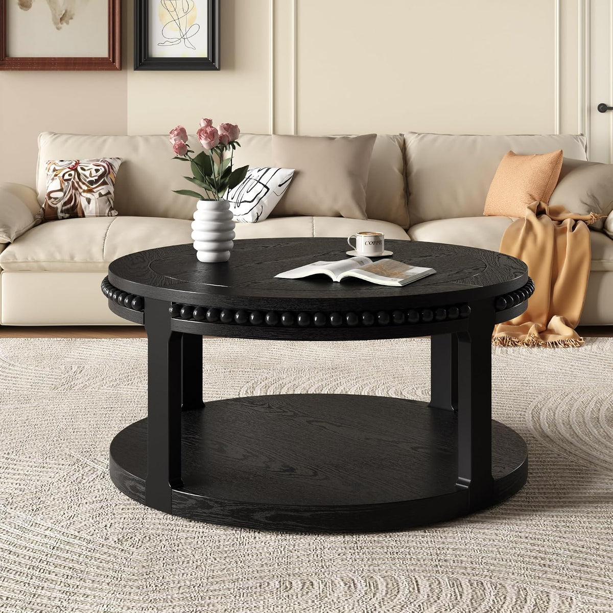 Round Coffee Table for Living Room 31.5' W Small Coffee Tables with Storage Shelf 2-Tier Modern Design Industrial Circle Wood Center Home Furniture Apartment Office Black