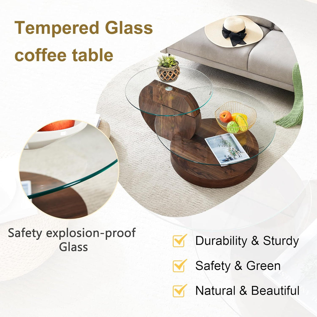 Ebullient Modern Round Glass Coffee Table, 3-Tier Wood Base Geometric Center Table for Living Room, Contemporary Accent Furniture, 42 Inch