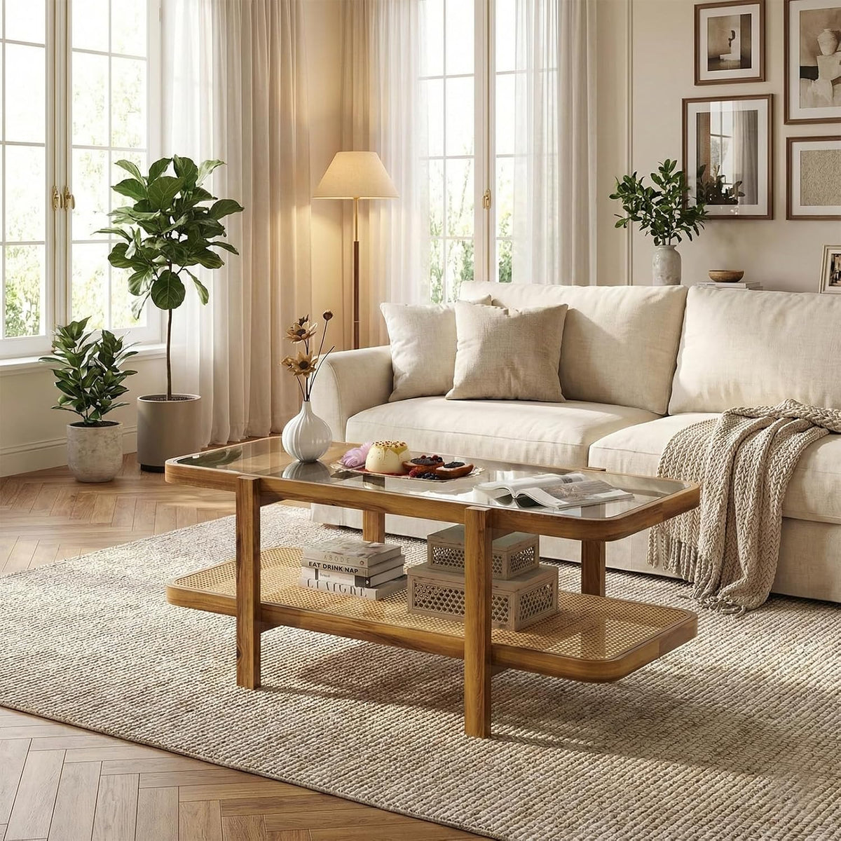 NAFORT Rattan Coffee Table, 47.5' Rectangular Glass Top Coffee Table with Solid Wood Frame and PE Rattan Storage Shelf, 2-Tier Boho Farmhouse Center Table for Living Room or Apartment