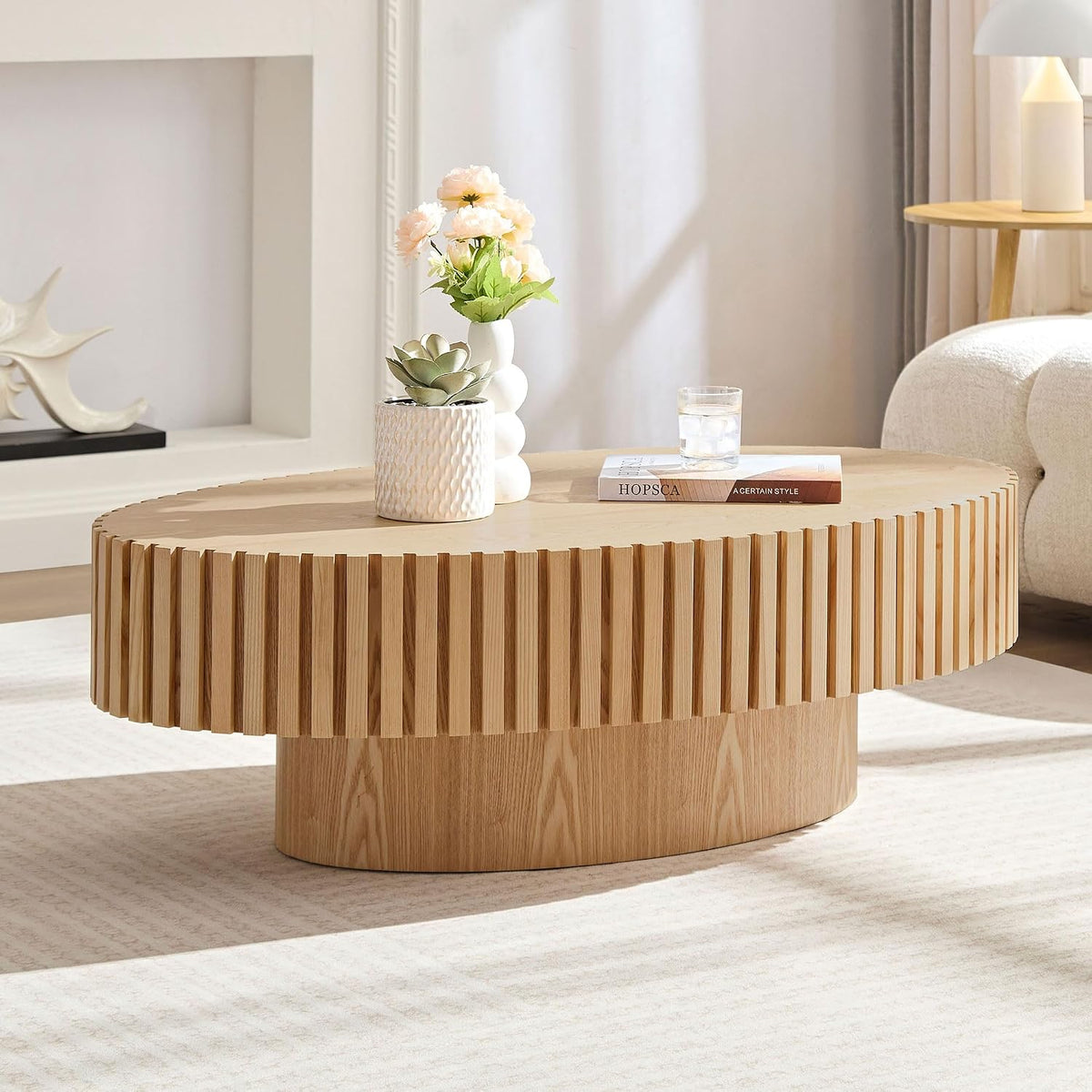 43.31' Natural Ash Oval Coffee Table for Living Room, Wood Drum Pedestal Table Farmhouse Boho Modern Nesting Round Center Table with Handcrafted for Small Space Apartment, Easy Assembly, Oak