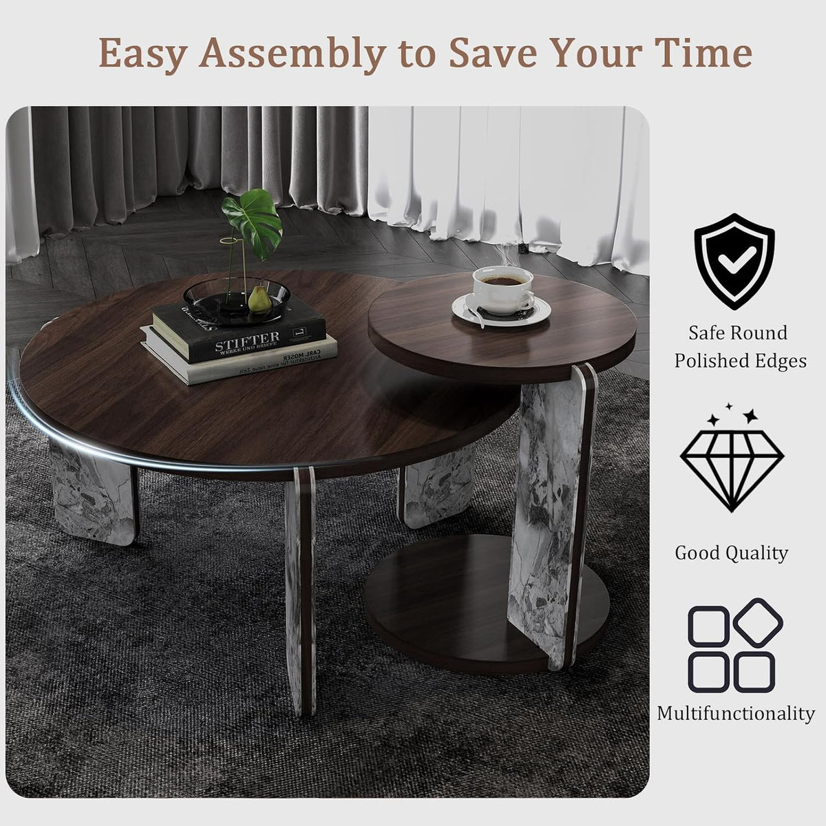 Modern Nesting Coffee Table Set of 2, 2-Piece Modern 32.68' & 16.93' Round Living Table Set with Walnut Veneer Surface 25mm MDF and Sintered Stone Legs for Living Room