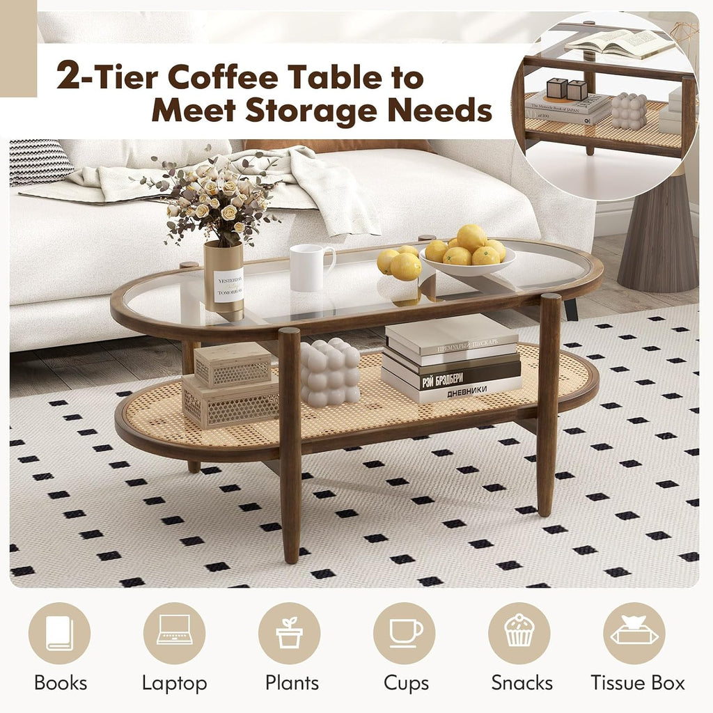 LDAILY Rattan Coffee Table, 2-Tier Mid Century Modern Center Table Oval Design with Tempered Glass Top & PE Rattan Shelf, Solid Acacia Wood Small Coffee Table for Living Room, Office, Brown (Brown)