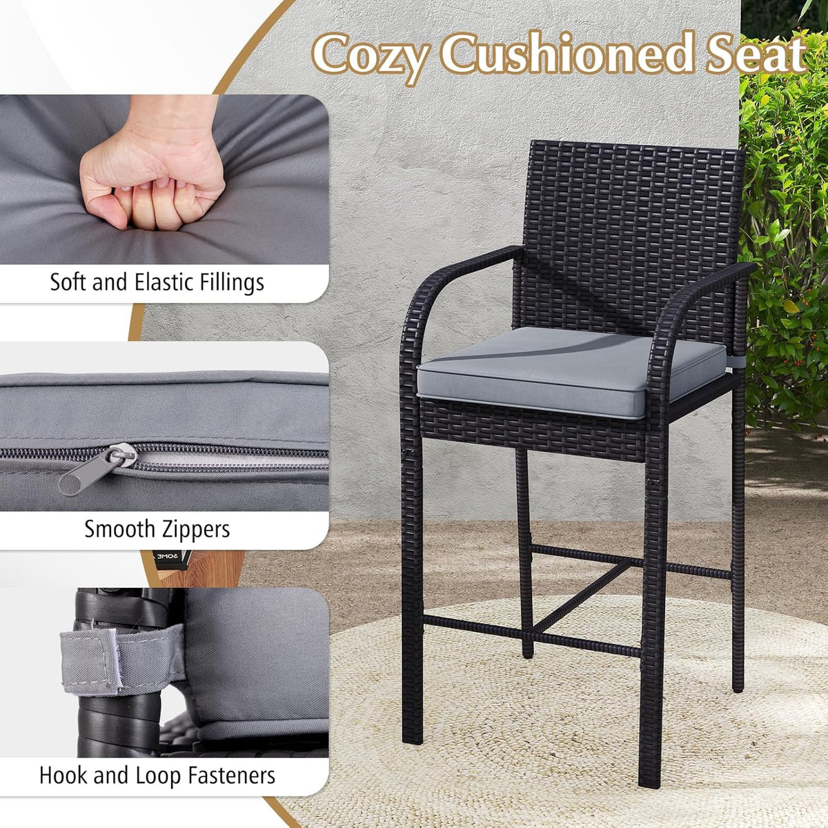 Tangkula 3 Piece Patio Wicker Bar Set, Outdoor Rattan Counter Height Cushioned Chairs & Square Table with Heavy-Duty Metal Frame, for Balcony, Backyard, Poolside