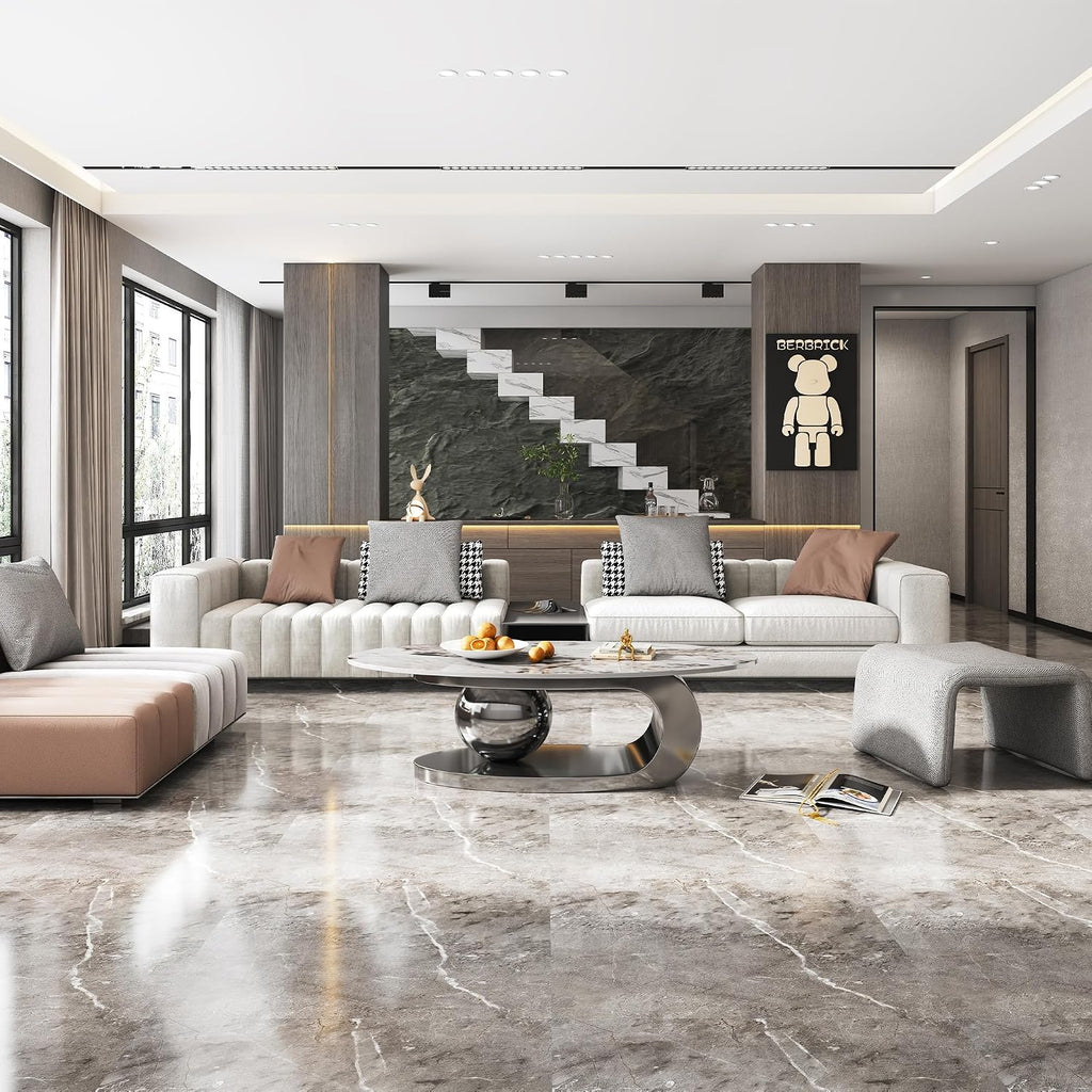 Marble Grain Coffee Table with Silver Stainless Steel Pedestal,Modern Coffee Tables,Oval Living Room Table with Faux Marble Top & Luxury Legs,Sintered Stone Cocktail Center Table,51.20inch