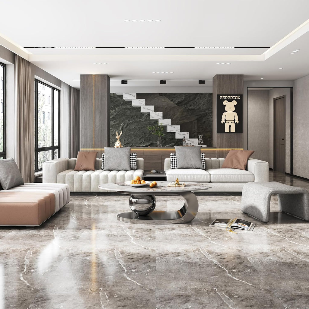 49.2' Oval Coffee Table, Modern Faux Marble Coffee Tables with Sintered Stone Tabletop, Large Unique Tea Table with Stainless Steel Base for Living Room, Office, Bedroom