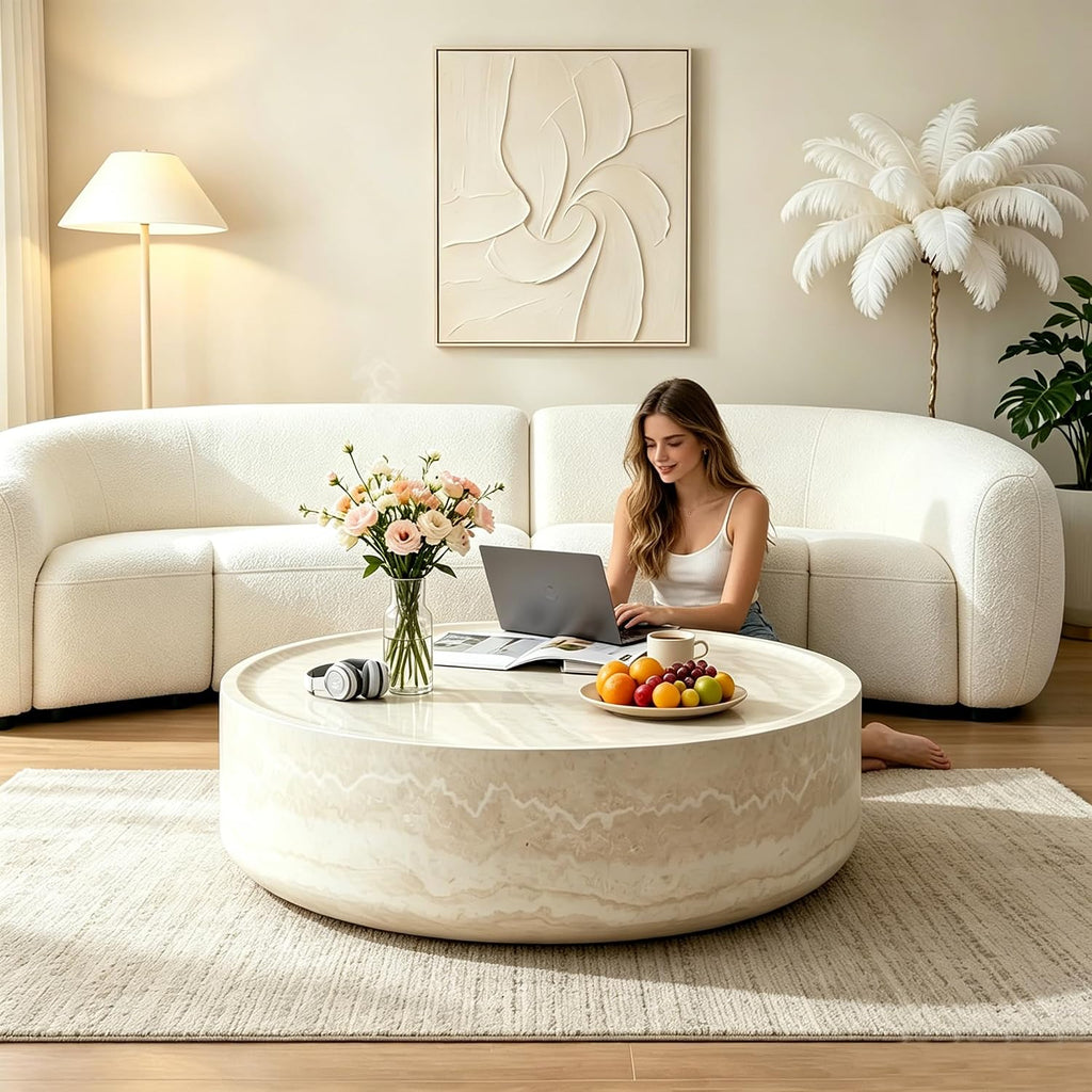31.5' Modern Round Coffee Table, Faux Marble Table,Drum Center Table,Mars Texture,Accent Coffee Table for Living Room,Office,Appartment,No Accembly.