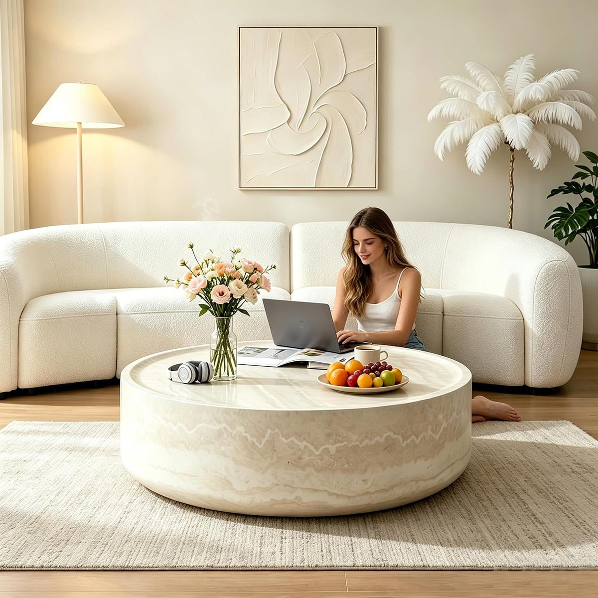 31.5' Modern Round Coffee Table, Faux Marble Table,Drum Center Table,Mars Texture,Accent Coffee Table for Living Room,Office,Appartment,No Accembly.