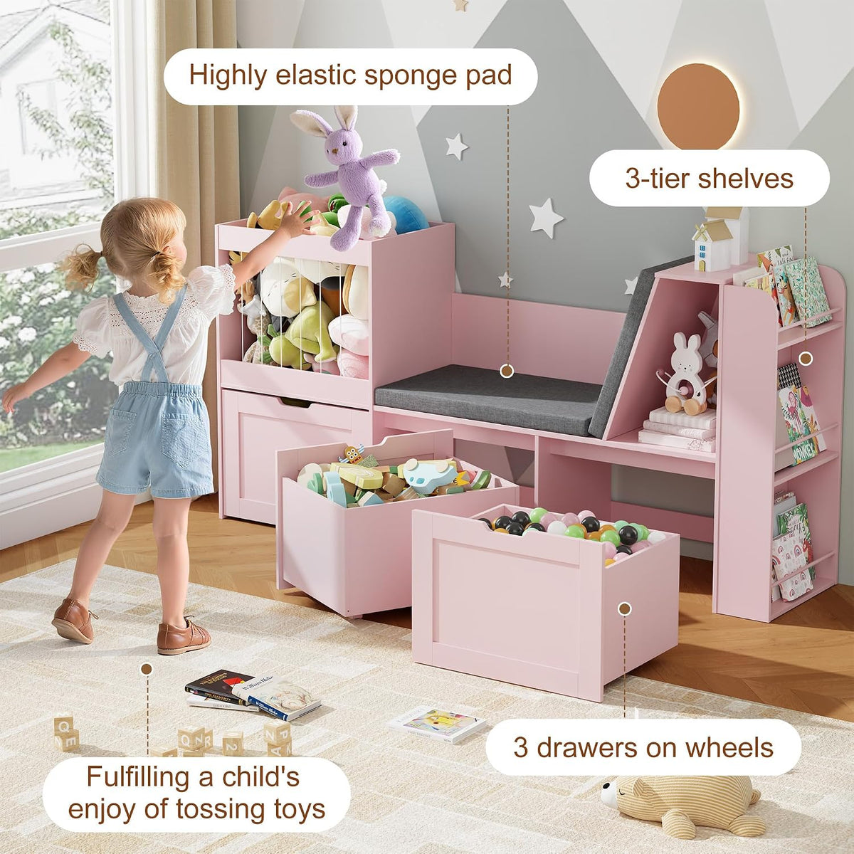 66.9' Kids Reading Nook, Toy Storage Organizer with Stuffed Animal Storage, Bench and Removable Cushions, Wooden Toddler Bookshelf with 3 Movable Drawers for Nursery, Playroom (Pink)