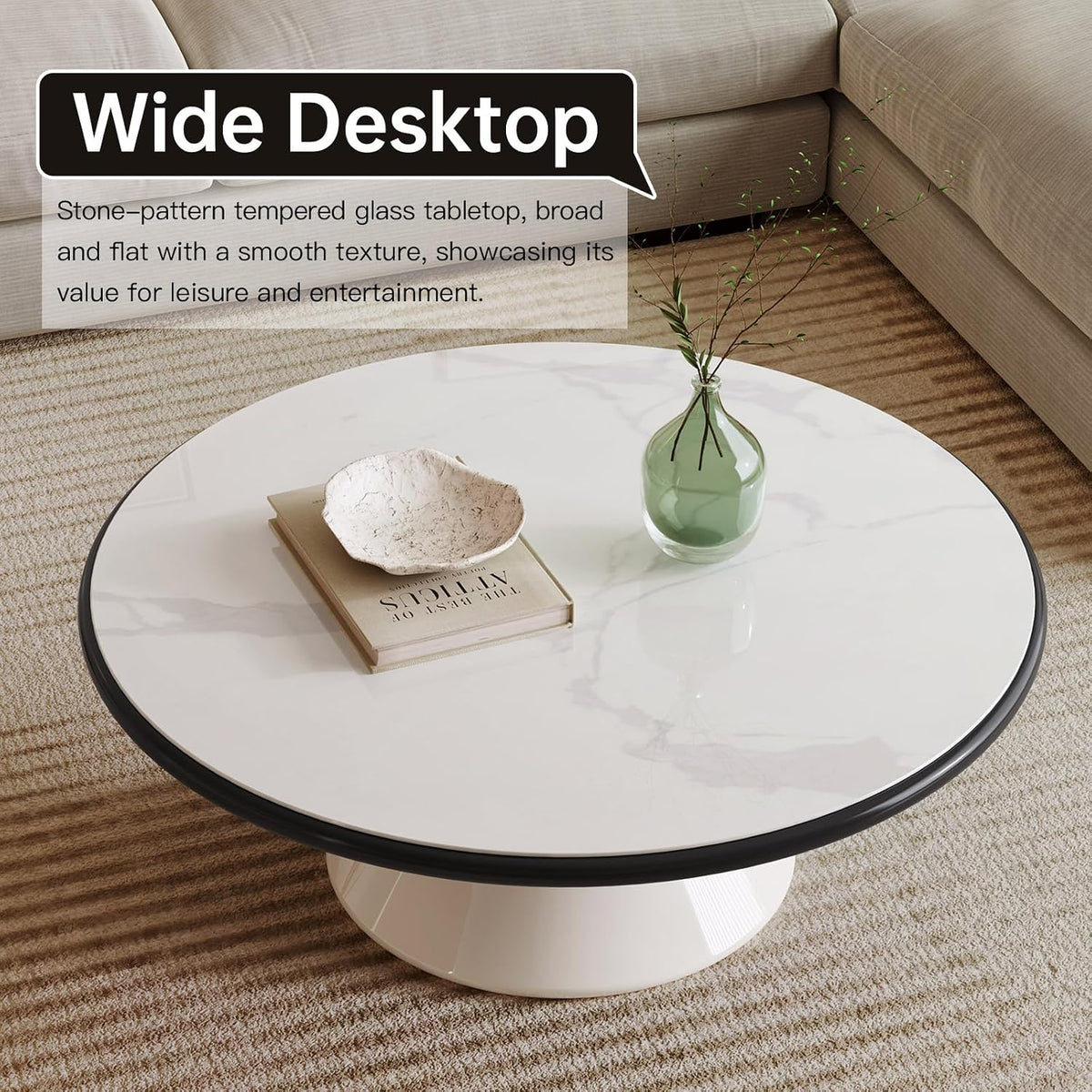 Round Faux Marble Look Coffee Table, White CenterTable with Stable Pedestal, Modern Tempered Glass Designed White Marble Dining Table for Kitchen,Living Room,Apartment,Restaurant