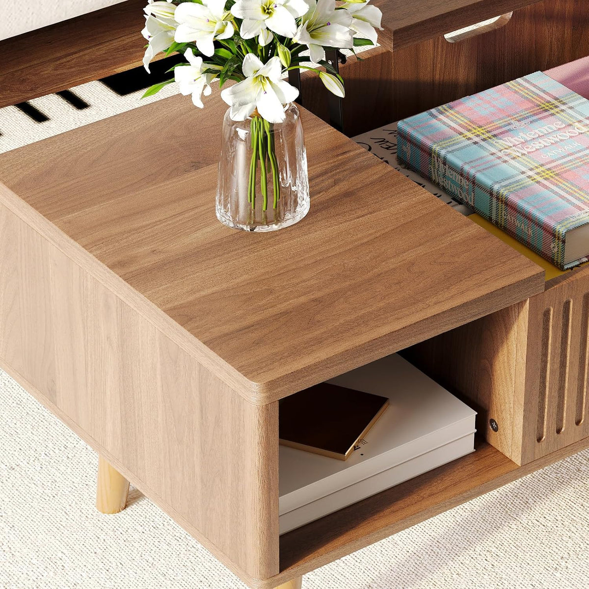 Lift Top Oval Coffee Table with Storage, 2-in-1 Height Adjustable Modern Coffee Table for Small Living Room & Apartment (Walnut)