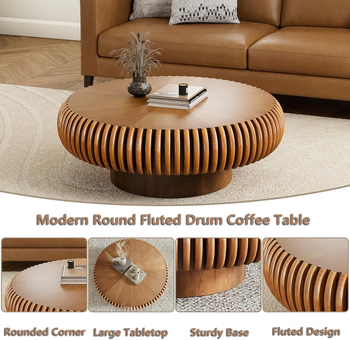 Round Handcraft Fluted Coffee Table with Sturdy Stable Pedestal Modern Luxury Drum Center Table Circle Accent Base Center Tables for Living Room Apartment (P)