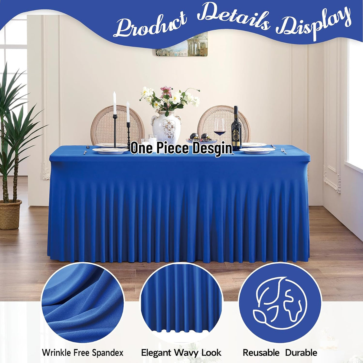 Leegleri 6 Pack Royal Blue Spandex Tablecloths for 8ft Rectangle Tables, Wrinkle Free Fitted Table Cloths with Skirt for Parties, Weddings, Birthday, Banquet, Baby Shower