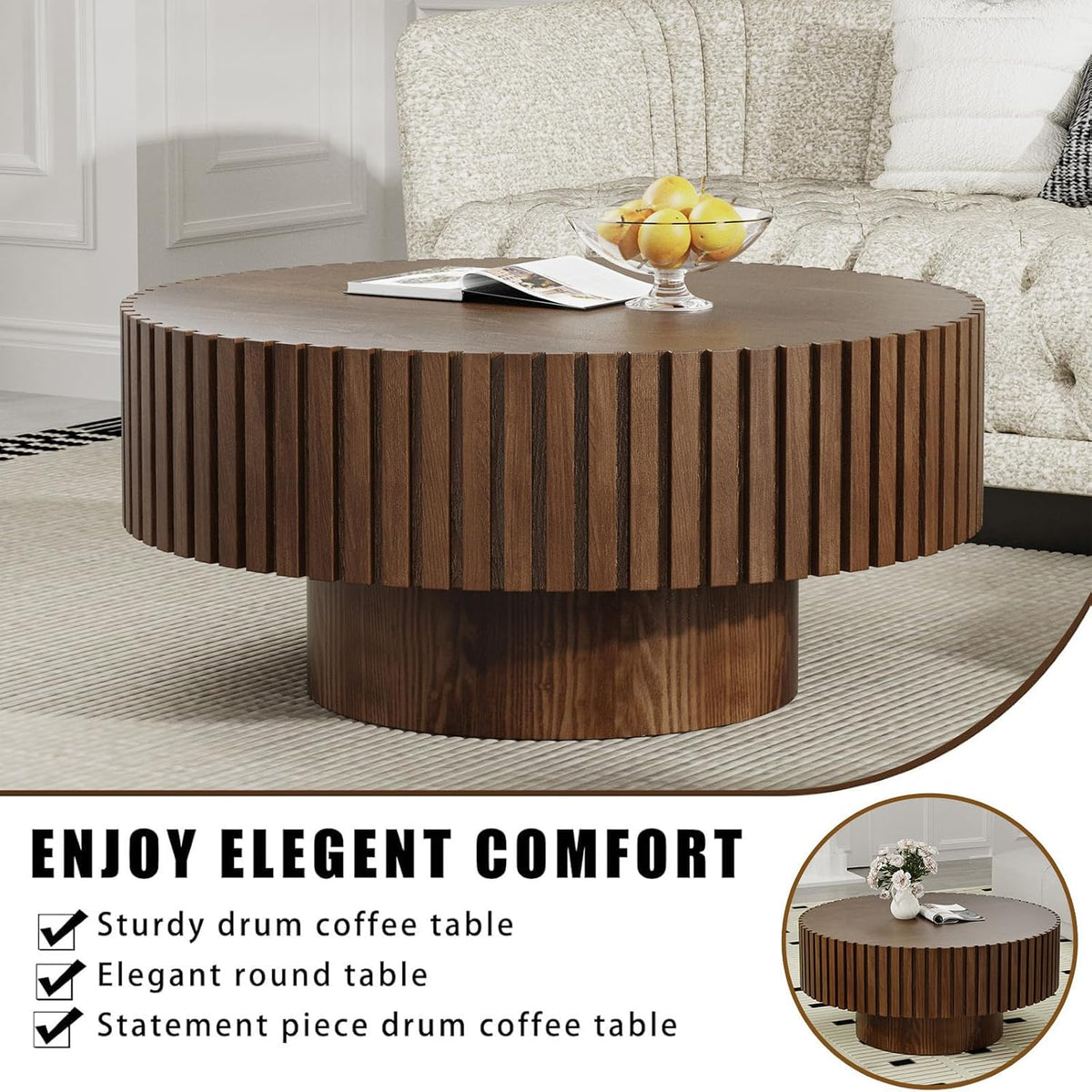Handcrafted Round Fluted Coffee Table, Modern Mid Century Minimalist Elegant Drum Circle Coffee Table with Sturdy Pedestal for Living Room Apartment (J)