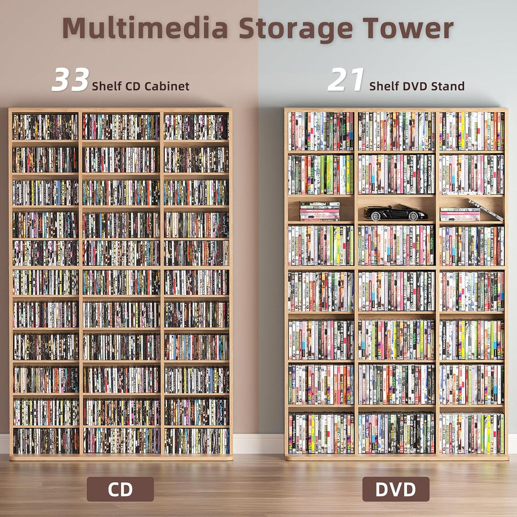 11 Tier Tall Display Cabinet, Natural Media Storage Cabinet with Adjustable Shelves, Free Standing DVD Organizer Shelf, Floor multimedia storage manga bookshelf for Living Room & Home Office.