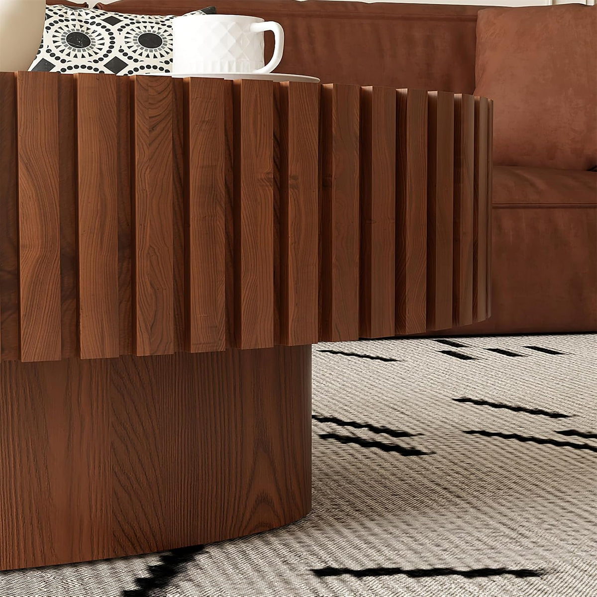 LKTART Oval Drum Coffee Table Handcrafted Relief Sturdy Pedestal Wooden Olive-Shaped Tea Table for Living Room,Brown,43''L×25''W×14''H