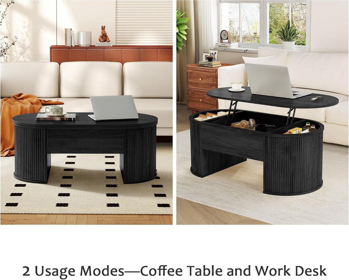 ORRD Lift Top Coffee Table, Fluted Coffee Table with Lifting Top, Wooden Lift Up Dining Table with Hidden Compartment, Center Table for Living Room, Office - Black