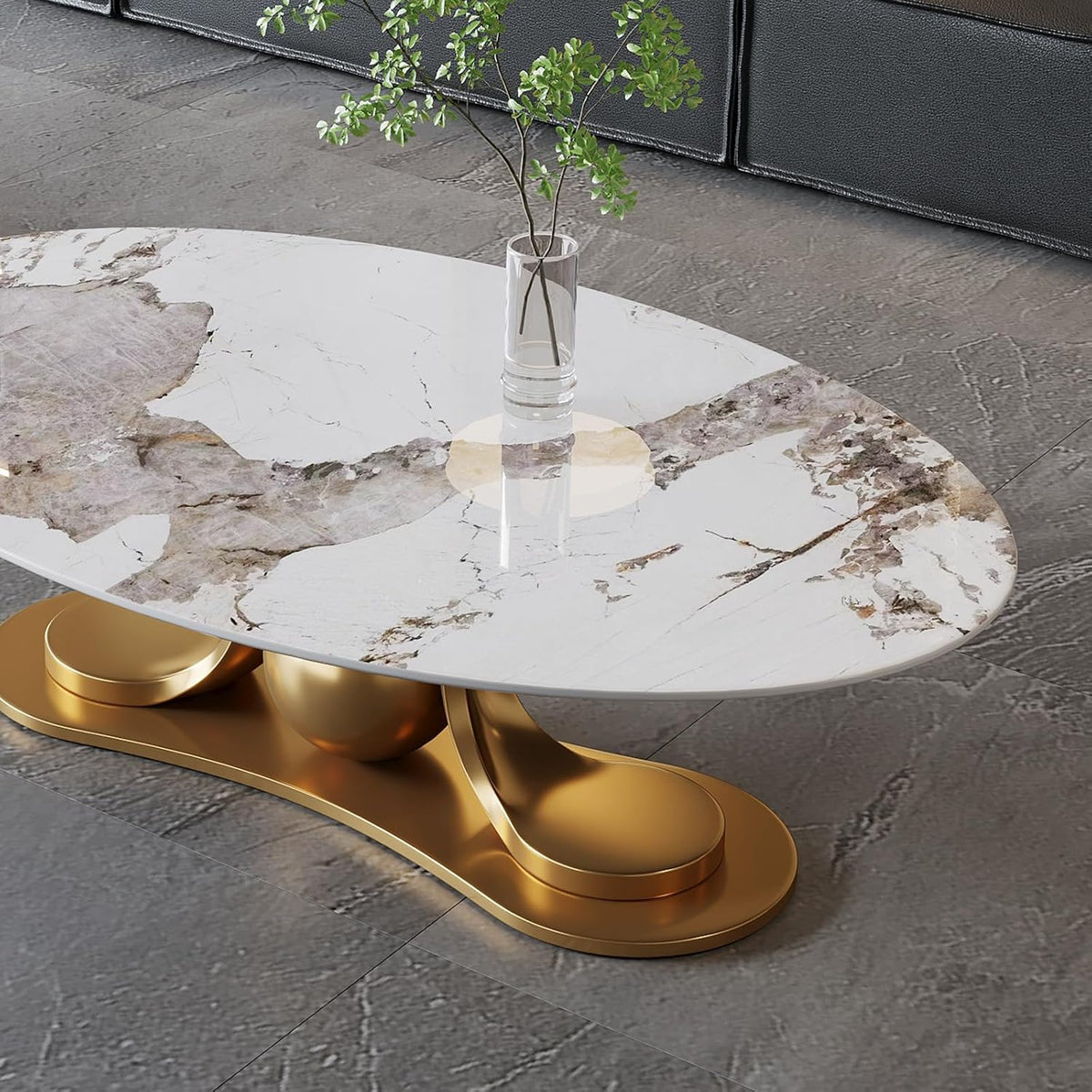JIJIWANG 51.1' Oval Coffee Table with Gold Stainless Steel Pedestal, Luxury Faux Coffee Table with Marble Top, Sintered Stone Cocktail Center Tables for Apartment Office Easy Assembly Gold