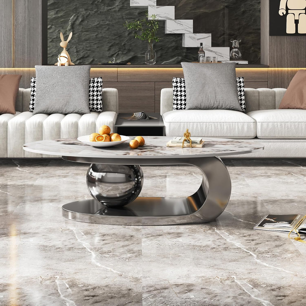 Marble Grain Coffee Table with Silver Stainless Steel Pedestal,Modern Coffee Tables,Oval Living Room Table with Faux Marble Top & Luxury Legs,Sintered Stone Cocktail Center Table,51.20inch