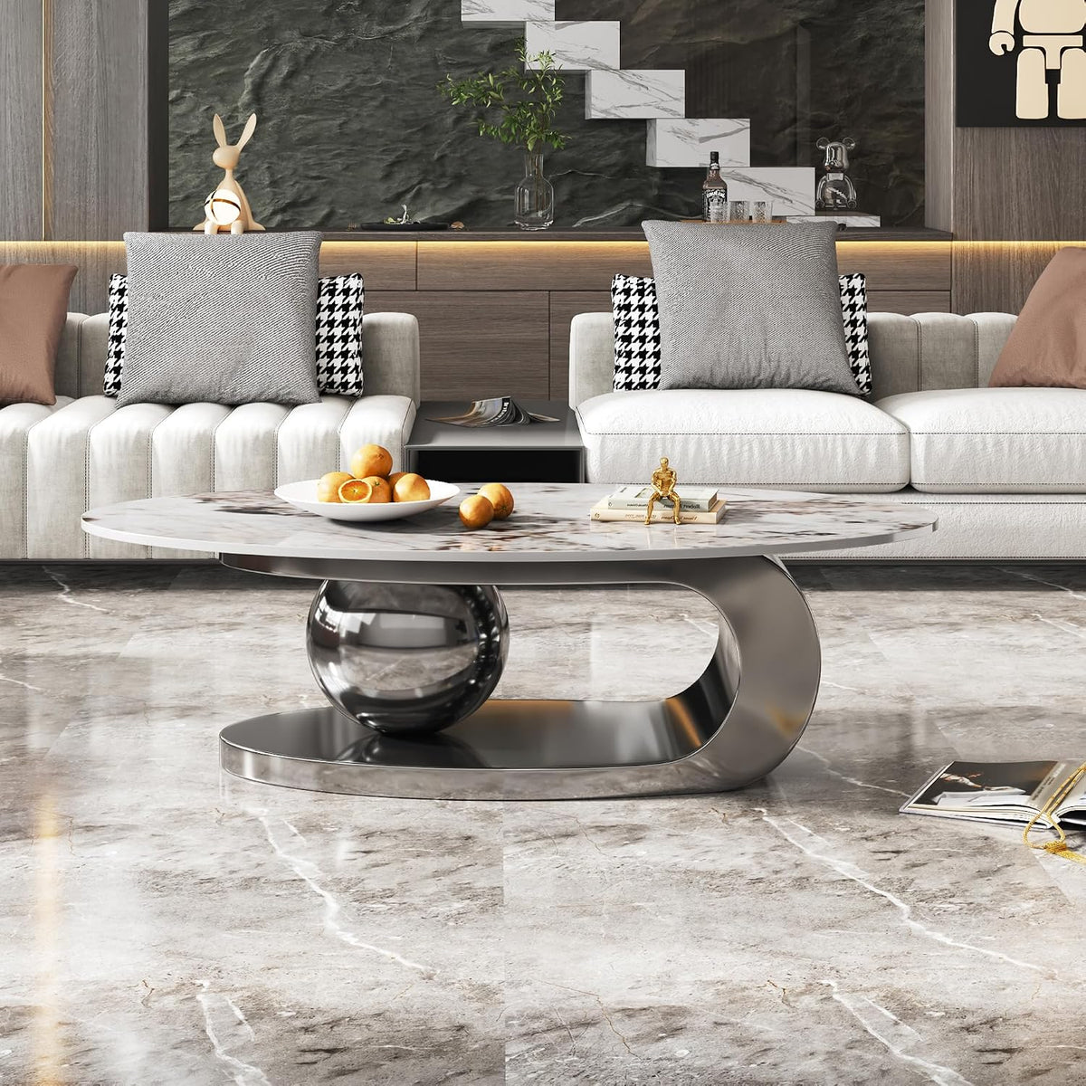 Marble Grain Coffee Table with Silver Stainless Steel Pedestal,Modern Coffee Tables,Oval Living Room Table with Faux Marble Top & Luxury Legs,Sintered Stone Cocktail Center Table,51.20inch