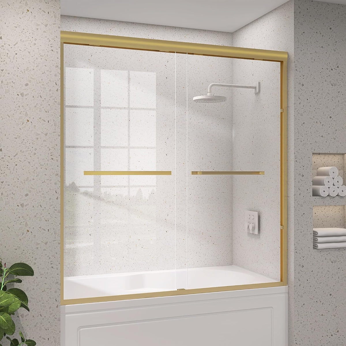 Shower Tub Door 56-60 in. W x 62 in. H Double Sliding Semi-Frameless Bathroom Bathtub Shower Doors 1/4 inch Clear Tempered Glass Tub Door for Walk-in Shower Brushed Gold Harewares
